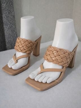 Fashion Nova Tan Braided Strap Block Heel Sandals